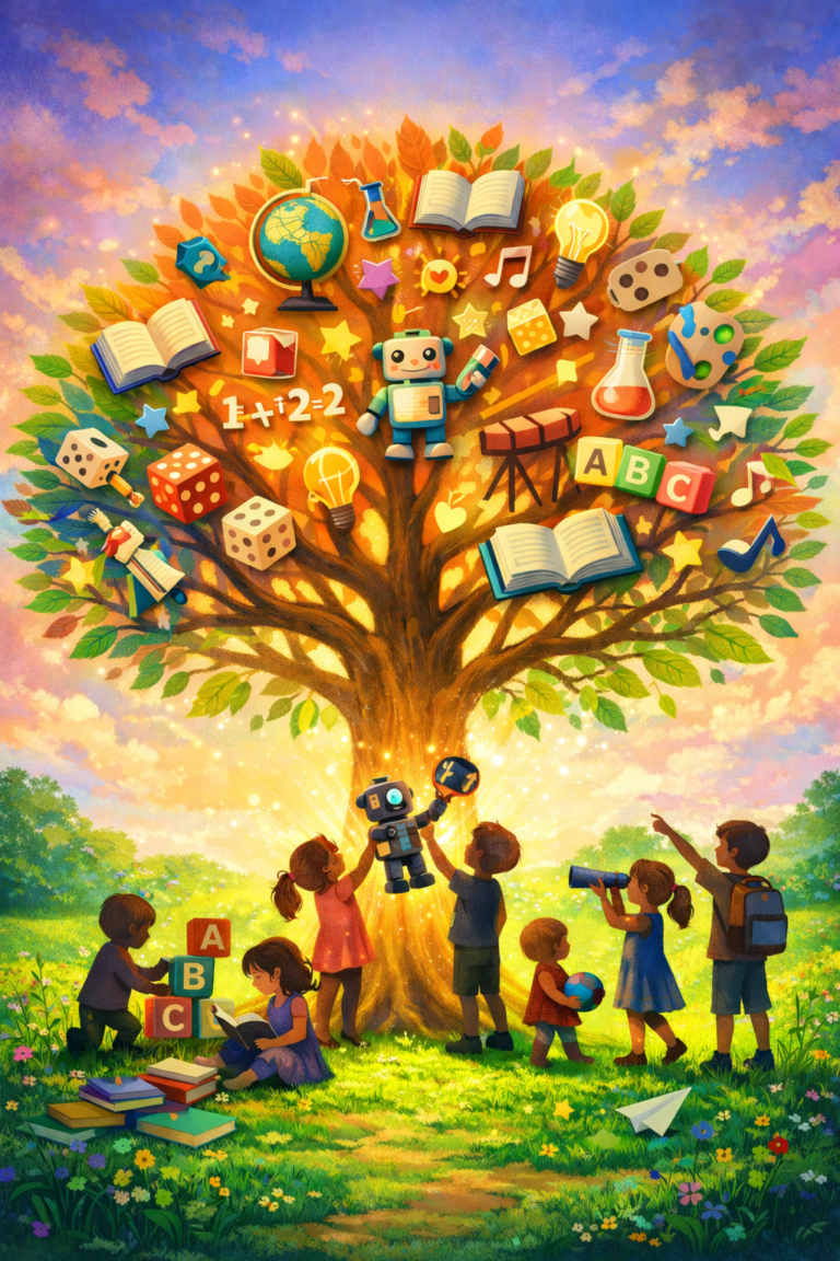 Tree of Knowledge illustration showing children learning through play and discovery – KidsFutureGuide